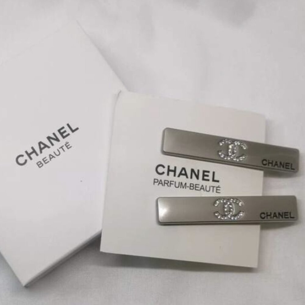 Chic Chanel CC Silver Hair Pins with Crystal Accents